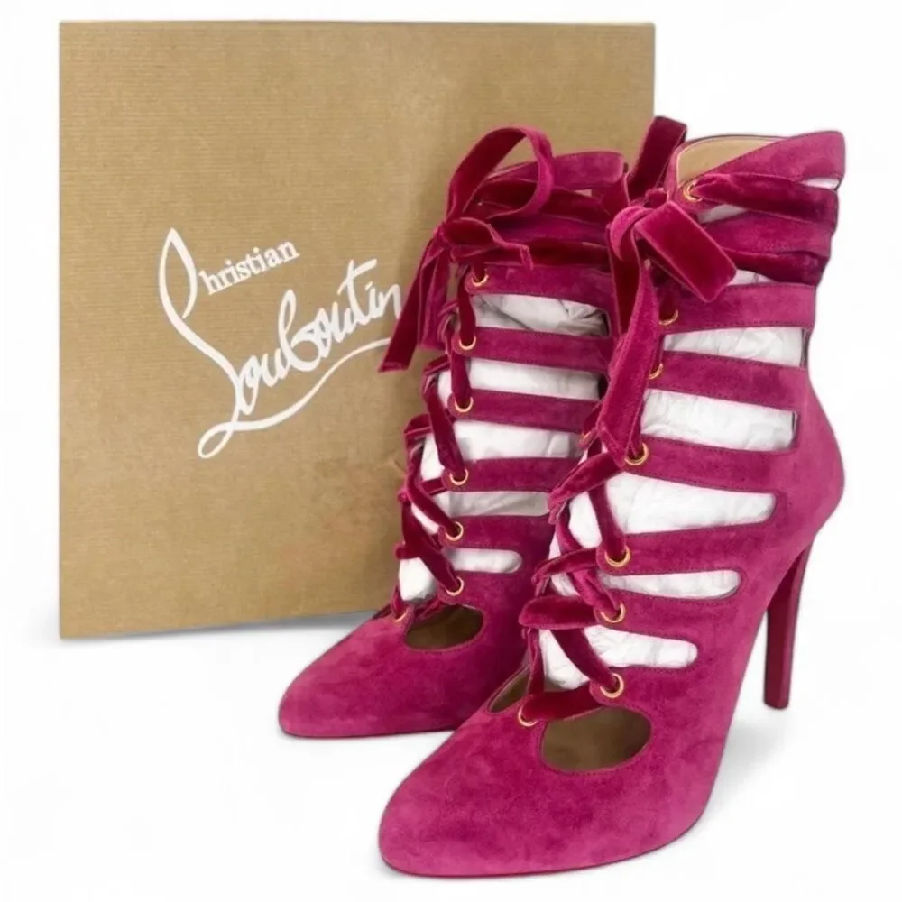 NEW CHRISTIAN LOUBOUTIN Spinetita Loulou Pink Lace-Up Booties Size EU36.5